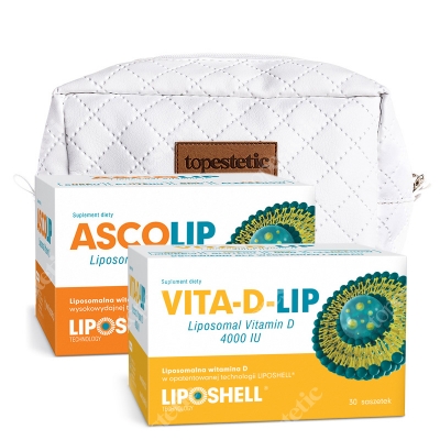 Ascolip Ascolip - Liposomal Vitamin C 1000 mg + Vita-D-LIP 4000 IU + Kosmetyczka ZESTAW Wysokowydajna liposomalna witamina C, 30x5 g + Liposomalna witamina D 30 saszetek + Biała, pikowana kosmetyczka