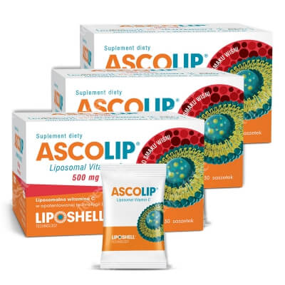 Ascolip Ascolip - Liposomal Vitamin C 500 mg 3 Pack ZESTAW Liposomalna witamina C 500 mg o smaku wiśni 3 x 30 x 5g