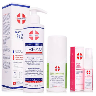 Beta Skin Natural Active Cream + Spot Care Cream + Hand Care Cream ZESTAW Krem łagodzący 250 ml + Krem punktowy na podrażnienia skórne 15 ml + Krem do dłoni 75 ml