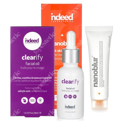Indeed Nanoblur + Clearify Facial Oil ZESTAW Natychmiastowy efekt nieskazitelnej skóry 30 ml + Olejek niwelujący niedoskonałości twarzy 30 ml