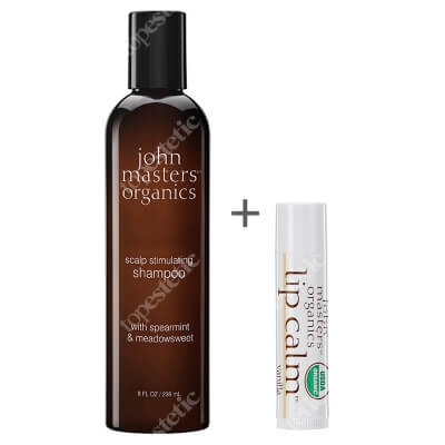 John Masters Organics Scalp Stimulating Shampoo + Balsam Gratis ZESTAW Mięta i wiązówka błotna – Szampon stymulujący skórę głowy 236 ml + Balsam do ust - Wanilia 4 g