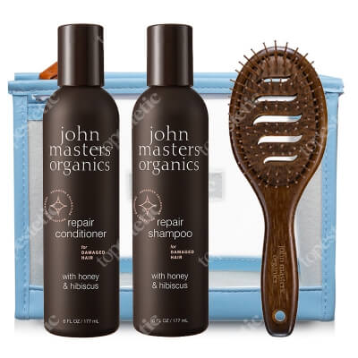 John Masters Organics Włosy Zniszczone (po ciężkich zabiegach: trwała, rozjaśnianie) ZESTAW Szampon 177 ml + Odżywka 177 ml + Szczotka + Kosmetyczka