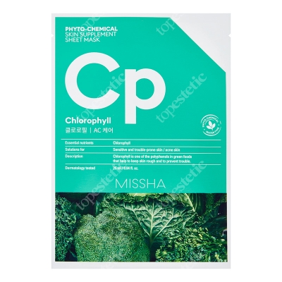 Missha Phytochemical Skin Supplement Sheet Mask (Chlorophyll) Maseczka w zielonej płachcie, łagodzi podrażnioną skórę 25 ml