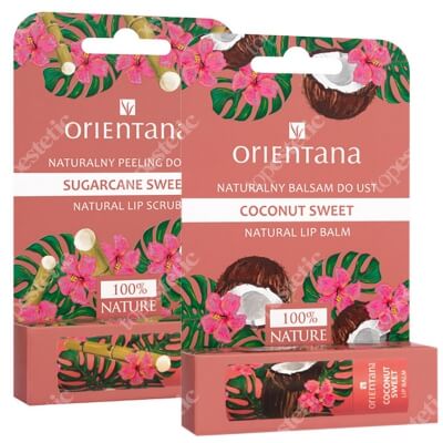 Orientana Sweet Box ZESTAW Naturalny peeling do ust słodka trzcina 4,2 g + Naturalny balsam do ust słodki kokos 4,2 g