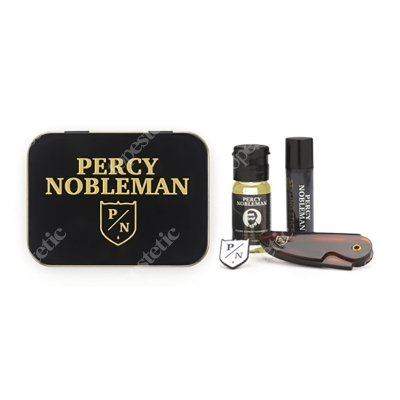 Percy Nobleman Travel Tin ZESTAW Brodacza - Olejek 10 ml + Wosk 5 ml + Grzebień + Przypinka