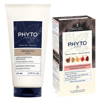 Phyto PhytoColor + Repairing Conditioner ZESTAW Farba do włosów - ciemny kasztan (3 Chatain Fonce) 50+50+12 + Odbudowująca odżywka do włosów 175 ml