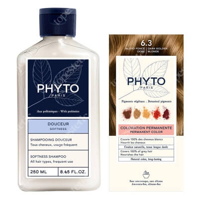 Phyto PhytoColor + Softness Shampoo ZESTAW Farba do włosów - ciemny złoty blond (6.3 Blond Fonce Dore) 50+50+12 + Delikatny szampon 250 ml