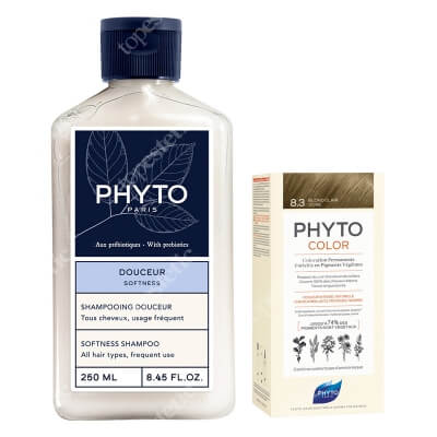 Phyto PhytoColor + Softness Shampoo ZESTAW Farba do włosów - jasny złoty blond (8.3 Blond Clair Dore) 50+50+12 + Delikatny szampon 250 ml