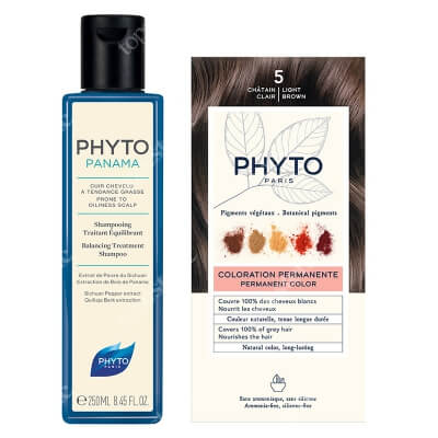 Phyto Phytopanama Shampoo + PhytoColor ZESTAW Szampon regulujący do codziennego stosowania 250 ml + Farba do włosów - jasny kasztan (5 Chatain Clair) 50+50+12