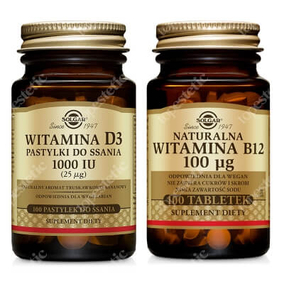 Solgar Naturalna Witamina B12 100 μg + Witamina D3, 1000 IU (25 µg) ZESTAW 100 tabletek + Pastylki do ssania 100 pastylek