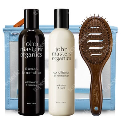 John Masters Organics Włosy Normalne (częste mycie) ZESTAW Odżywka 236 ml + Szampon 236 ml + Szczotka + Kosmetyczka